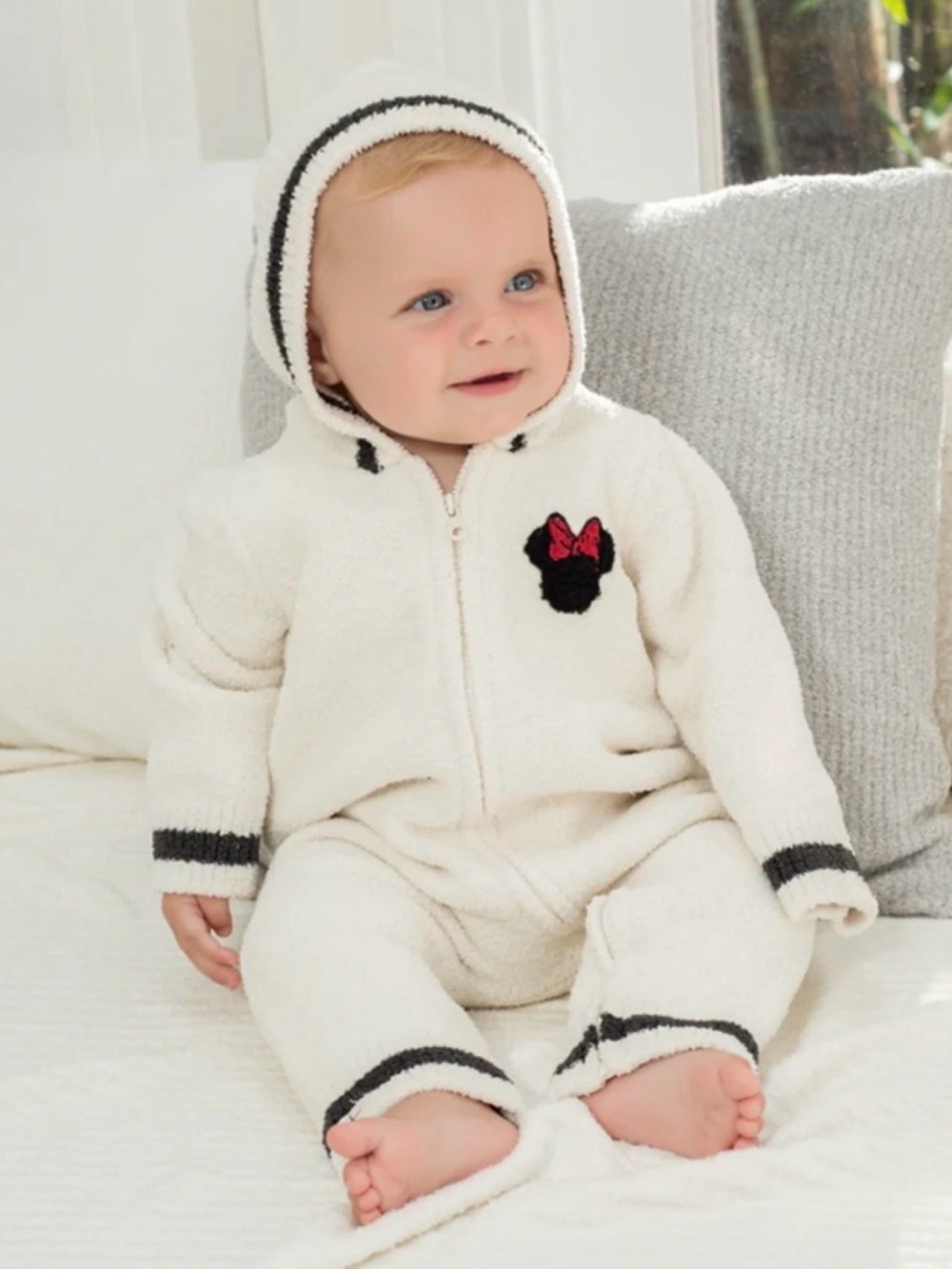 Barefoot Dreams Cream Hooded Footie with Black Trim and Minnie Patch 3-6 Months